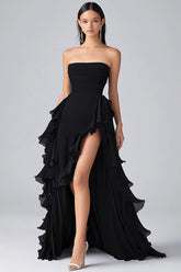 Schwarzes A-Linie Trägerloses Chiffon Abendkleid mit Rüschen und Schlitz